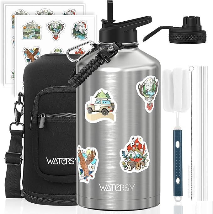 1 Gallon Water Bottle Insulated(Cold for 48 Hrs),BPA Free&Leak Proof,128oz Stainless Steel Water Jug,Large Water Bottle with Straw Spout Lids for Gym,Hiking,Camping&Travel,Stainless