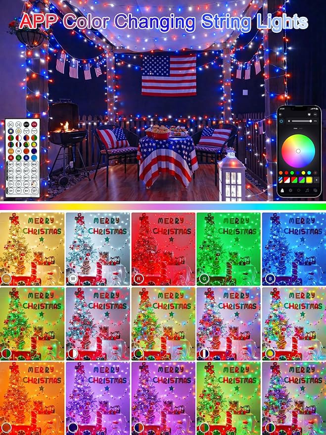 Smart Color Changing 4th of July Lights with Remote & App, 66FT 200LED Red White and Blue Twinkle Lights with Timer, RGB Patriotic Fairy String Light Waterproof Indoor Outdoor Independence Day Decor