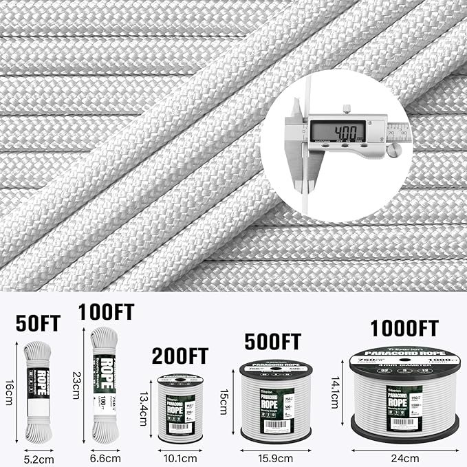 Paracord Rope 750 lb - 1000ft 5/32" Parachute Cord 4MM 12-Strand para Cord - Heavy Duty Spool String for Survival,Camping Gear, Survival Bracelet, Clothesline - White