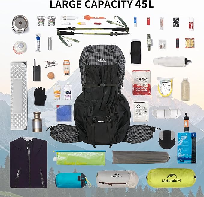 Naturehike 45L Rock 2.0 Upgraded Internal Frame Hiking Backpack for Outdoor Camping Travel Backpacking, Ultralight Backpack for Adults(Black/L/45L)