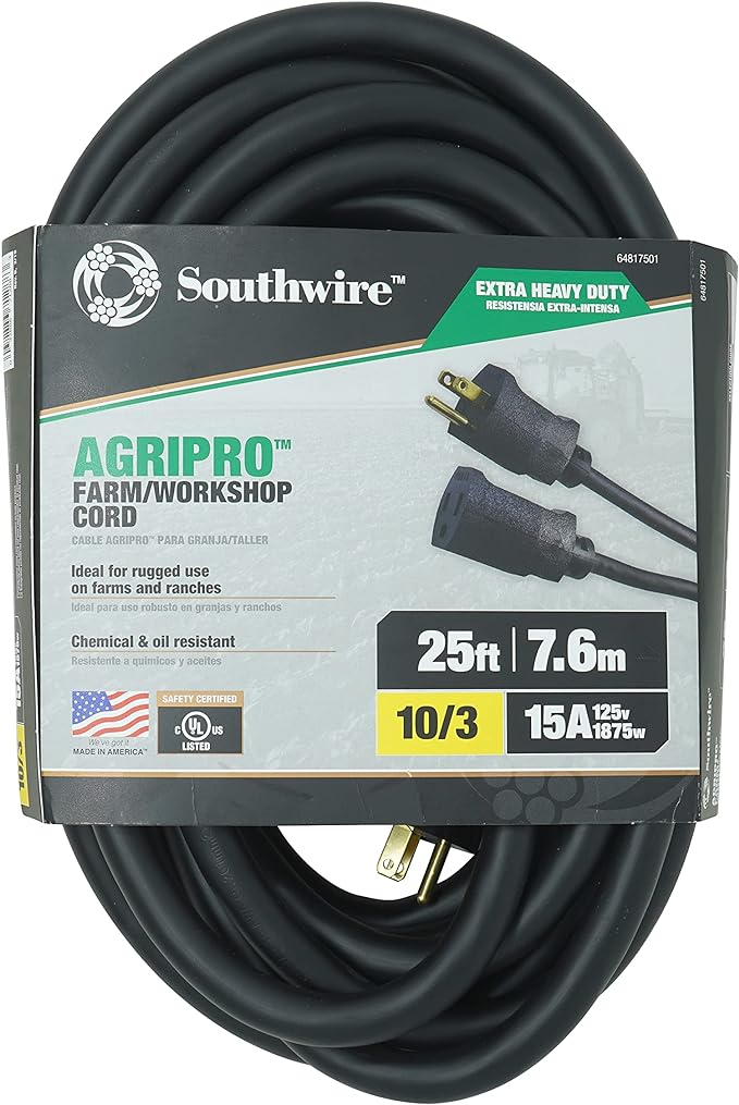 Southwire AGRIPRO 10/3 Extra Heavy Duty Extension Cord, 25ft, Farm/Workshop Cord, SJTOW, Black, 64817501
