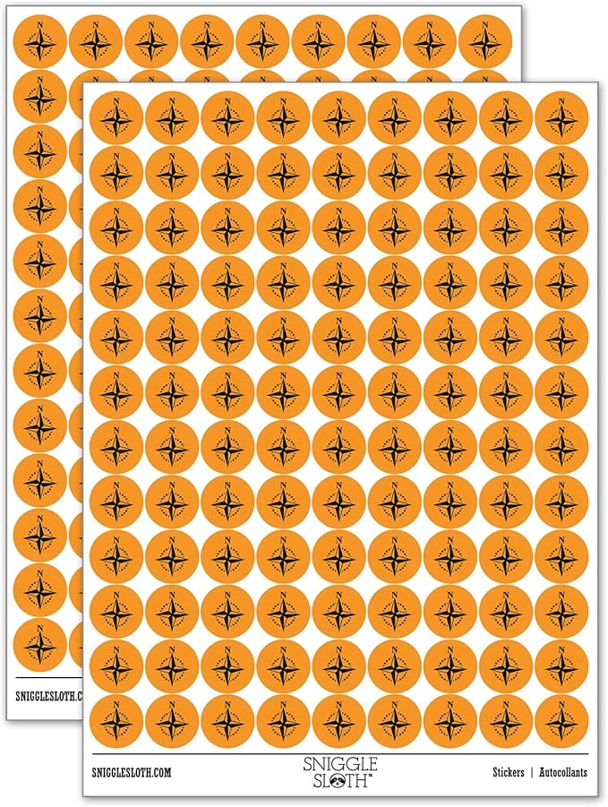 Compass Rose Nautical Star Navigation Map 200+ Round Stickers - Matte Finish - 0.50" Size - Orange