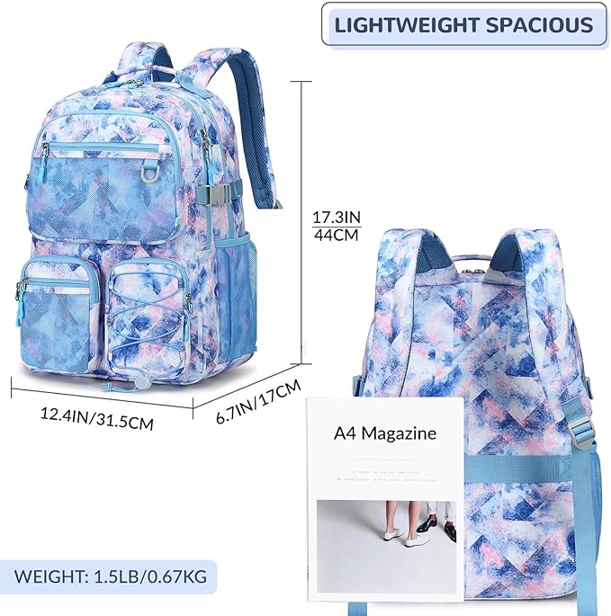 Lohol Multi-Pocket Backpack for School College Travel, Heavy Duty Big Bookbag with 15.6 inch Laptop Compartment (Blue Pink Tie-Dye