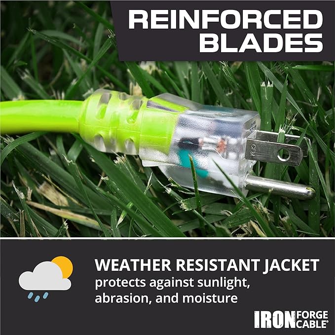 Iron Forge Cable Weatherproof 10 Ft Outdoor Extension Cord Neon Green - 12/3 SJTW 15 Amp Heavy Duty Light Green High Visibility Cable with 3 Prong - Lighted End