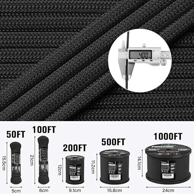 Paracord Rope 550 lb - 200ft 5/32" Parachute Cord 4MM 7-Strand para Cord - Heavy Duty Spool String for Survival,Camping Gear, Survival Bracelet, Clothesline - Black