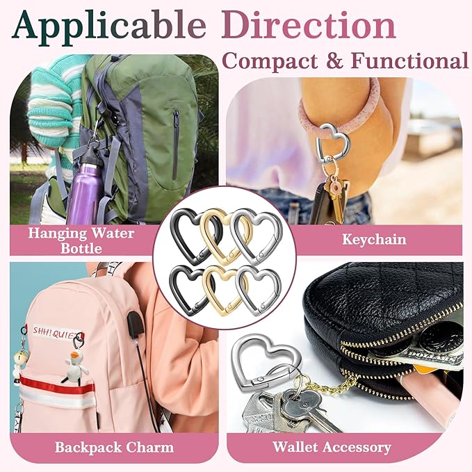4pcs Heart Carabiner Keychain Clip, Metal Spring Heart Rings Hook Key Ring Carabiner Clips for Purse Bag Charms Backpack Strap Dog Tags Hang Water Bottle Paracord Keychain Lanyard(Silver Black)