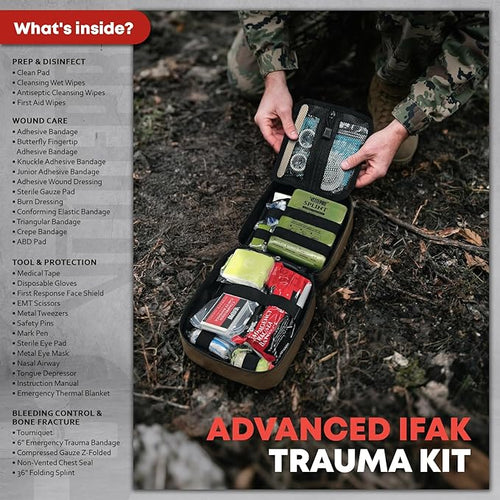 144 Pcs Advanced Trauma First Aid Kit - Emergency Camping Gear with Tourniquet, Compression Bandage, 36" Splint | Portable Survival Gear for Outdoor, Home, Camping- Gift for Husband Dad and Wife-Brown