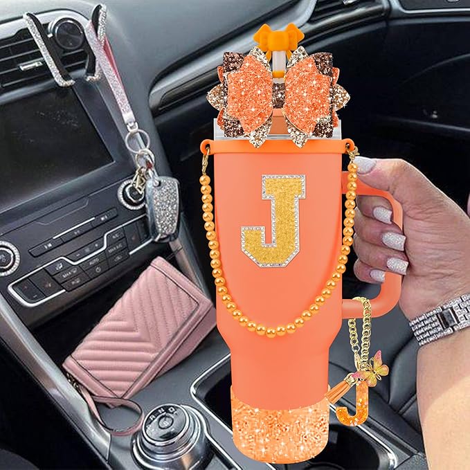 9PCS Orange for Stanley Cup Accessories Set Bling Initials Bow Charms for Stanley Decorations 30/40 Oz Tumbler Accessories Including Bow Straw Topper, Handle Strap, Spill Stopper（Letter J）