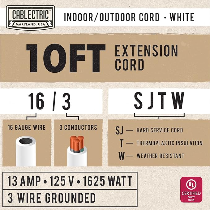 16/3 White Outdoor Extension Cord 10 Foot - 13 Amp Electrical Cable 3 Prong for Indoor & Outdoor, 16 AWG Weatherproof Power Cord for Outside 10 ft, Proudly American Brand