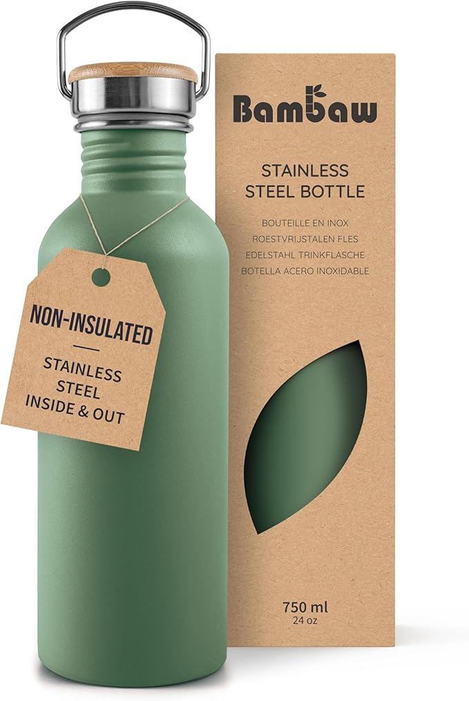 Bambaw 24 oz Stainless Steel Water Bottle, Green, Dishwasher Safe, Non Insulated, No Straw Sage Green