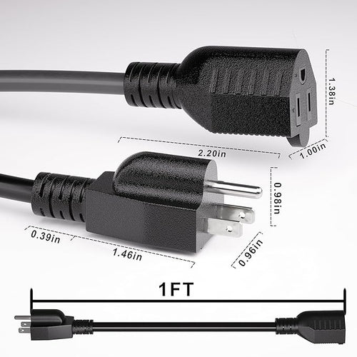 12 Pack Short Extension Cord 1 Foot Black, 16/3 Gauge Indoor Power Extension Cable, 13A 125V 1625W 16AWG, 3 Prong Outlet Saver NEMA 5-15P to NEMA 5-15R, ETL Listed POWGRN