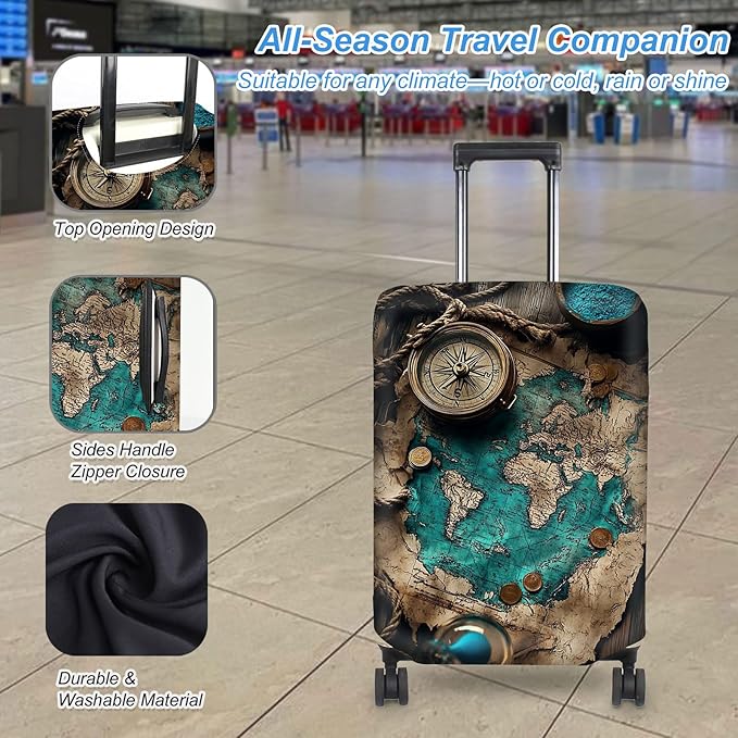 Luggage Cover Protector for 30-32 Inch Suitcases, TSA Approved Elastic Travel Suitcase Covers, Anti-Scratch Washable Luggage Sleeve for Carry On & Checked Bags, Ancient Map