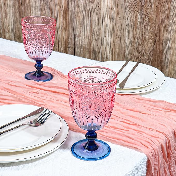 XUWAIDSGN 12Pcs Plastic Vintage Wine Glasses 13.5oz Reusable Embossed Goblet Glasses Pink Blue Gradient Retro Wine Glassware Unbreakable Stemmed Champagne Water Cups for Wine Cocktail Juice Wedding
