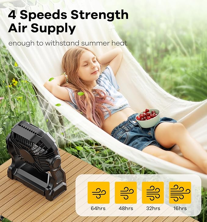 DOWILLDO 20000mAh Portable Battery Powered Camping Fan - with LED Light, Quiet Battery Operated, Camping Gear for Travel, Tent, Beach, Car or Hurricane Power Outages, Black