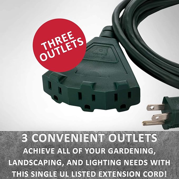 Holiday Lighting Outlet 50-Foot Green Extension Cord, 3-Prong Indoor & Outdoor Splitter, Perfect for Landscape Lighting