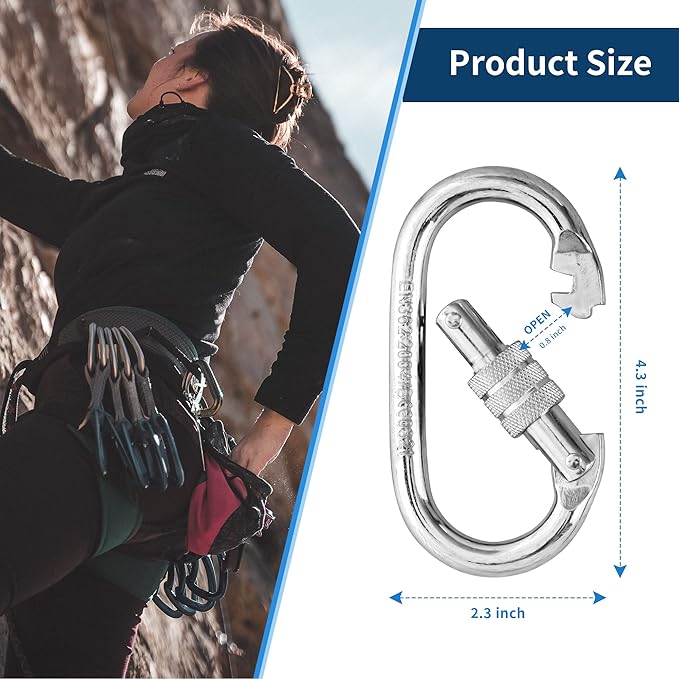 Oval Indoor Outdoor Climbing Carabiner, 25 KN (5600 LBS) Screw Locking Heavy Duty Safety Caribeener Clips for Hammock, Rope, Hiking, Camping