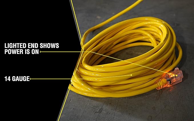 Southwire Yellow Jacket Heavy Duty Extension Cord - Outdoor Power for Tools & Equipment - Lighted End with SJTW Jacket & Three Prong Plug - 100 Foot