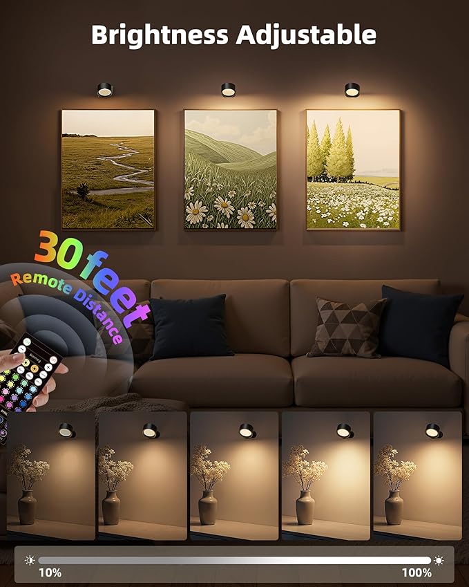 Wall Mounted Lights, 3 Pack Rechargeable RGB Color Changing Light, 3 Color Temps & Remote and Touch, 360° Rotation Dimmable Cordless for Study Bedroom Reading Bedside (Black)