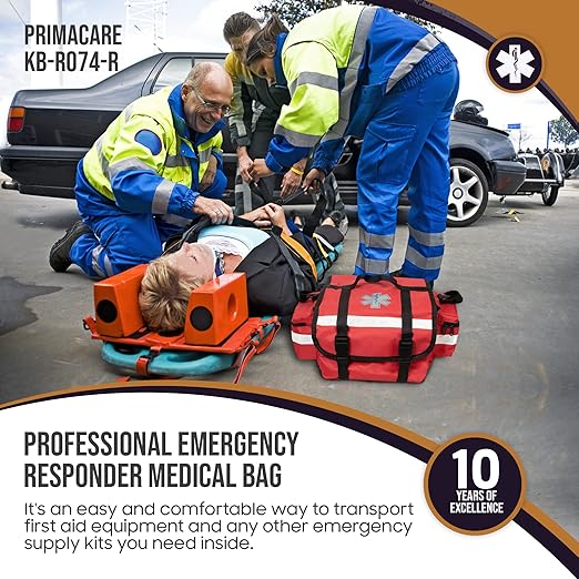 Primacare KB-RO74-R First Responder Trauma Bag, 17" x 9" x 7", Red — EMT/EMS Medical Supply Organizer with Padded Dividers, Multiple Compartments, Side Pockets, Reflective Strip, Durable Design