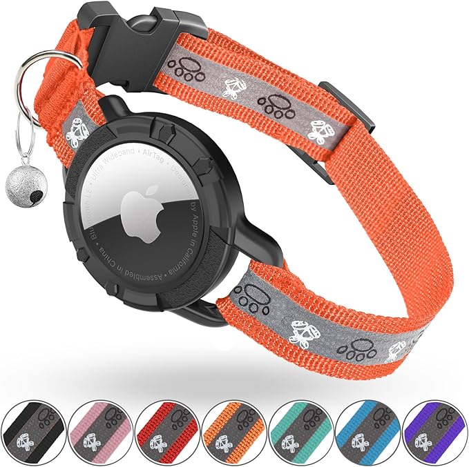 Reflective AirTag Cat Collar, Integrated Cat Tracker Collar with Air Tag Holder and Bell, Safety Elastic Band Cat GPS Collars for Girl Boy Cats, Kittens and Puppies (Orange,XS)