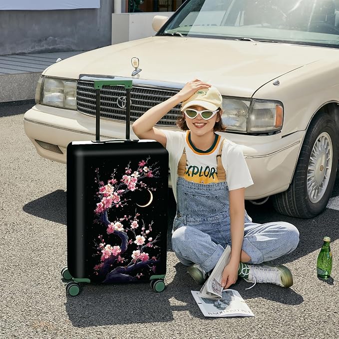 ANNA QUEEN Cherry Blossom & Moon Luggage Cover-Stretchable, Water Resistant & Durable Suitcase Protector,Universal Washable Fit for 20-22 Inch Checked Baggage