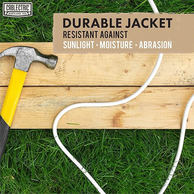50 Foot Outdoor Extension Cord - 16/3 SJTW White 16 Gauge Electrical Cable with 3 Prong Grounded Plug