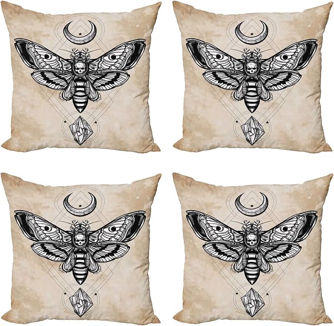 Ambesonne Fantasy Throw Pillow Cushion Case Pack of 4, Dead Head Hawk Moth Luna and Stone Magic Skull Illustration, Modern Accent Double-Sided Digital Printing, 16", Black Beige