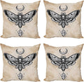 Ambesonne Fantasy Throw Pillow Cushion Case Pack of 4, Dead Head Hawk Moth Luna and Stone Magic Skull Illustration, Modern Accent Double-Sided Digital Printing, 20", Black Beige