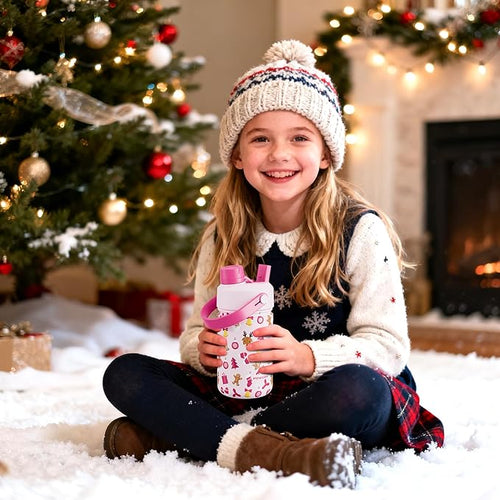 12 oz Christmas Kids Insulated Water Bottle: 2-in-1 Straw Spout Lid, Leakproof, BPA-Free, Stainless Steel Cup with Carrier Bag for School, Trip, Holiday Gift for Girls Daughters (Santa's Sweet Squad)