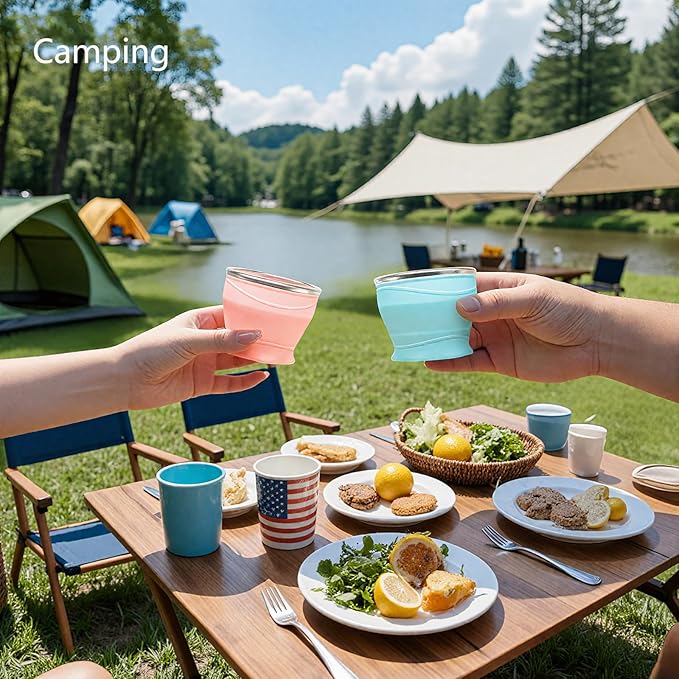 Collapsible Travel Cup with Lid (6oz/180ml) - BPA Free Silicone Folding Cup with Stainless Steel Rim - Portable Pocket Cup for Mouthwash, Pills, Hiking, Camping & Kids(Elegant gray)