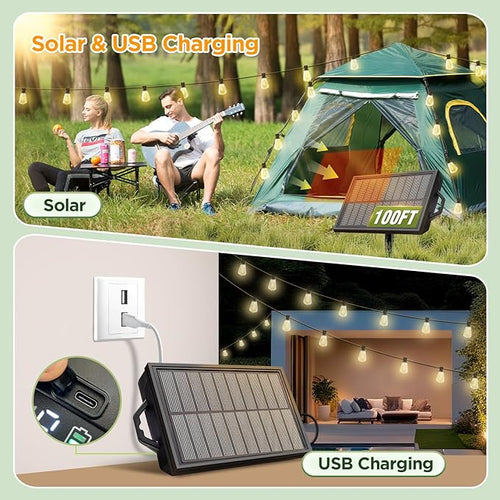 100FT Solar String Lights Outdoor Waterproof with Remote & Timer, LED Shatterproof ST38 Bulbs, USB & Solar Powered Patio Lights for Backyard, Porch, Garden, Wedding Decor, Dusk to Dawn Lighting