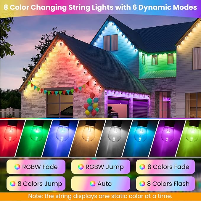 Larkvue 48FT RGBW Outdoor String Lights with Remote, Patio Lights with 15+2 Edison S14 Dimmable Shatterproof Bulbs for Outside Garden Backyard Hanging
