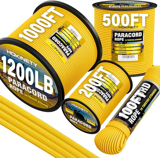 1200 Paracord Rope - 4.4mm 14 Strand Nylon Parachute Spool para Cord Lanyard for Outdoor Camping Survival Utility Tent Crafting DIY Projects Fishing Clothsline Bracelet - Yellow 1000FT