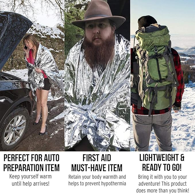 Emergency Mylar Thermal Blankets, Space Blanket Survival kit Camping Blanket, Windproof & Waterproof Shield, High-Visibility Rescue Signal (Pack of 6)