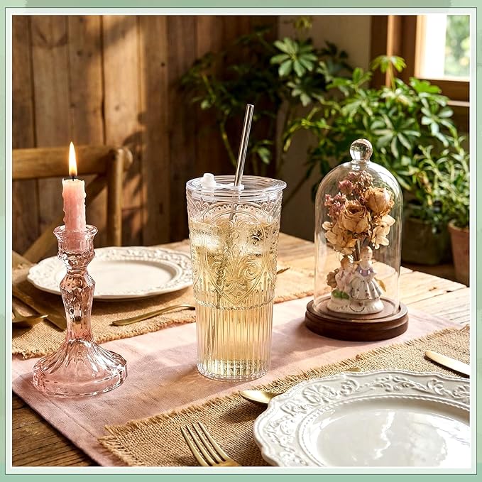 8 Set 20oz Vintage Plastic Tumbler with Lids and Straws Ribbed Floral Drinking Glasses Reusable Iced Coffee Cups for Water Juice Smoothie Cocktail Travel Party Events Gift (Clear)