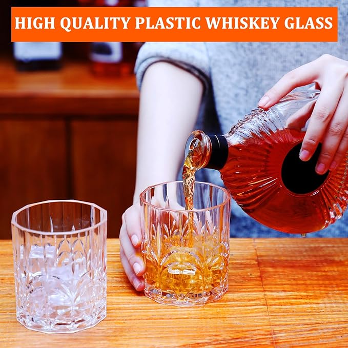 12 Sets Plastic Whiskey Glasses 14 oz Unbreakable Whiskey Drinking Glasses Old Fashioned Cocktail Cups Plastic Water Tumblers Clear Wine Cup Shatterproof Short Tumbler for Indoor Outdoor