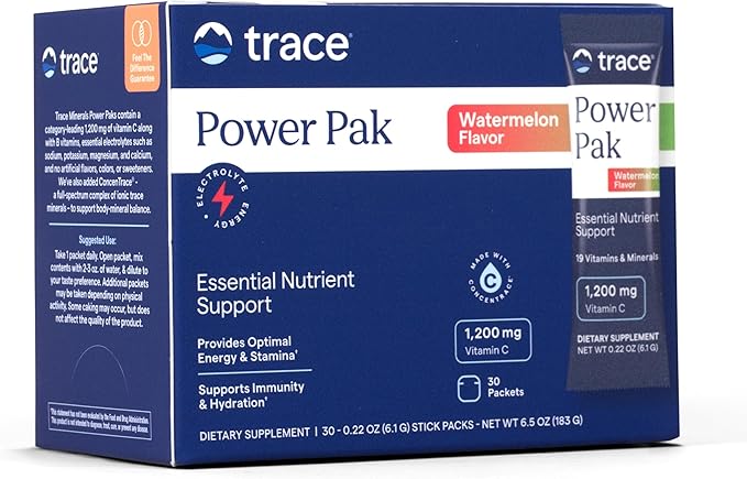 Trace Minerals | Power Pak Electrolyte Powder Packets | 1200 mg Vitamin C, Zinc, Magnesium | Boost Immunity, Hydration and Natural Energy | Watermelon | 30 Packets