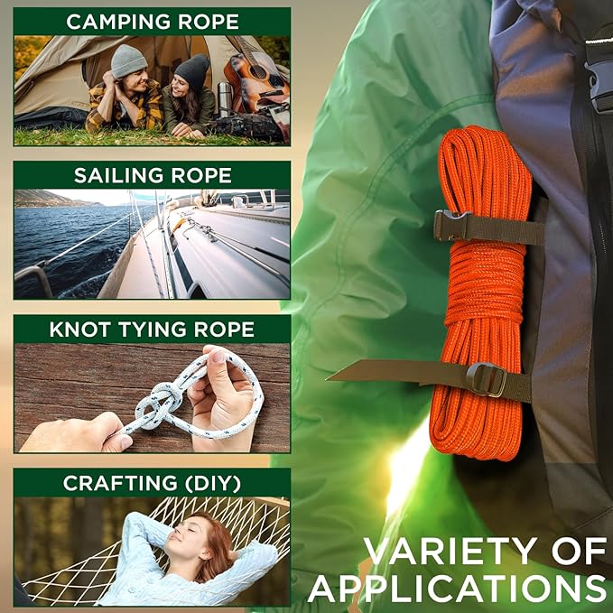 TECEUM Rope – 150 Feet x 1/4 Inch (7mm) – Orange – Strong All-Purpose Utility Rope – Camping, Crafting, Flag Pole, Indoor & Outdoor – Polypropylene Nylon Poly Lightweight Diamond Braided Cord
