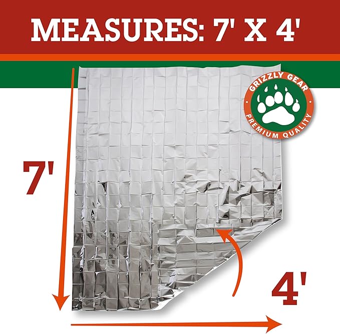Grizzly Gear Emergency Mylar Thermal Blankets (4 Pack) Survival Kit Camping Blanket-Hiking Outdoors, Marathon Runs or First Aid Set-Bug Out Bag-Keep Heat Insulated