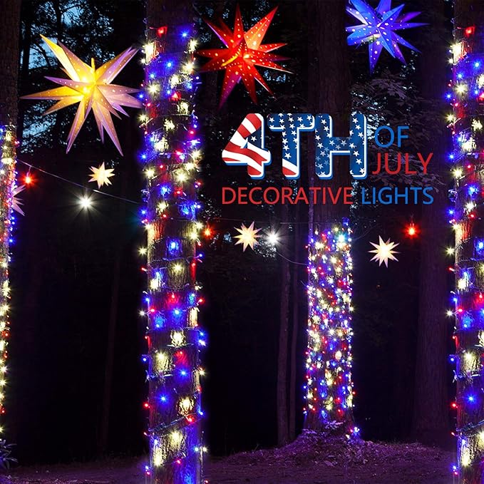 4th of July Decoration Patriotic Mini Lights - 200 Count 40 Feet Red White Blue Incandescent Bulb Waterproof String Lights Plug in for Indoor Outdoor Christmas Party Patio Independence Day Decoration