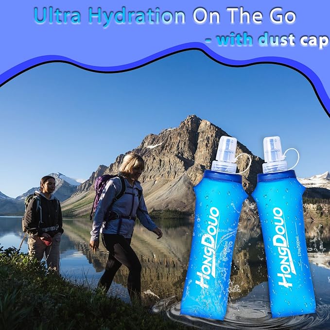 2 Packs Soft Flask, 17oz/500ml TPU Collapsible Soft Water Bottle for Hydration Pack, Running Vest, BPA-Free Folding Water Bottles for Hiking Cycling Climbing Running Outdoor Sports