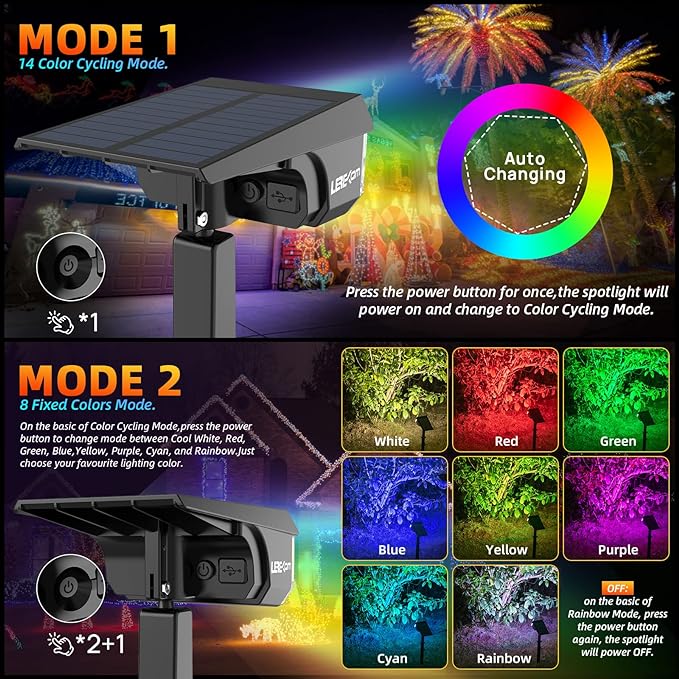 LEREKAM Color Solar Lights Outdoor Waterproof Spotlights with 9 Light Modes, Color Changing Solar Outdoor Lights for Decorate Festivals, Colored Solar Spot Lights Auto On/Off, RGBW 6 Pack