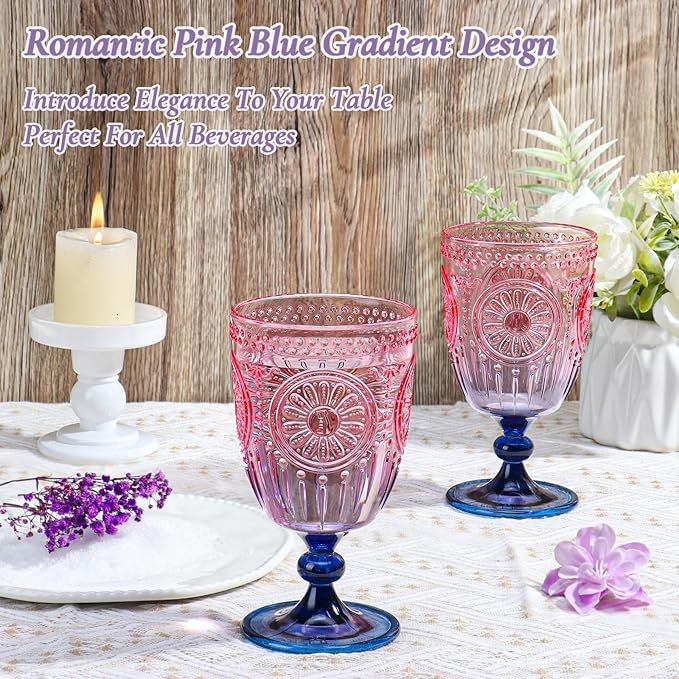 XUWAIDSGN 24Pcs Plastic Vintage Wine Glasses 13.5oz Reusable Embossed Goblet Glasses Pink Blue Gradient Retro Wine Glassware Unbreakable Stemmed Champagne Water Cups for Wine Cocktail Juice Wedding