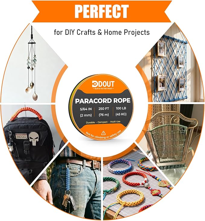 DDOUT 2mm Paracord 100lb, Thin Micro Paracord Rope, Yellow 250FT Nylon Cord for Crafting, DIY Projects, Fishing, Camping & Outdoor