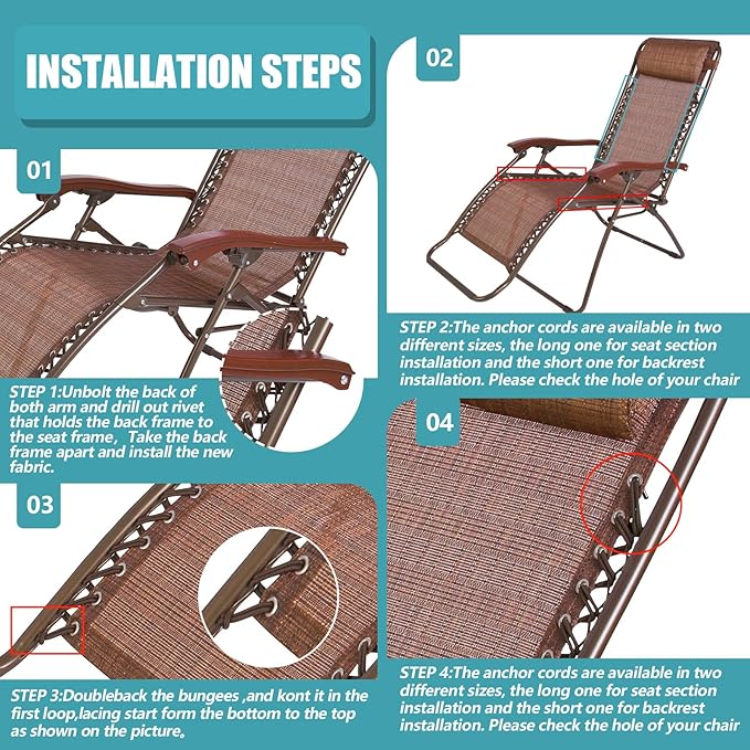Queekay Chair Replacement Fabric with 4 Bungee Cord Lounge Chair Cloth Mesh Repair Kit for Patio Recliner Outdoor Lawn Pool(63 x 21 Inch,Brown)