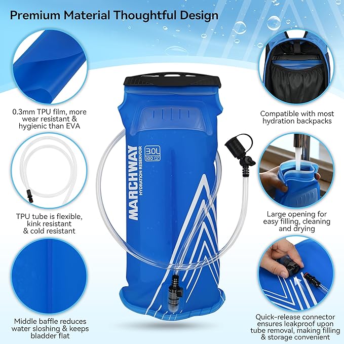 MARCHWAY Lightweight TPU Hydration Bladder 2L/3L for Hydration Packs, Slide-Seal Wide Mouth Water Reservoir Bag with Carry Handle for Hiking, Cycling, Running, Camping, Travel