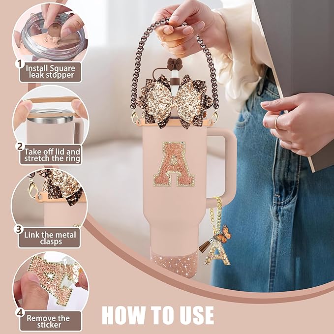 9PCS Brown for Stanley Cup Accessories Set Bling Initials Bow Charms for Stanley Decorations 30/40 Oz Tumbler Accessories Including Bow Straw Topper, Handle Strap, Spill Stopper（Letter C）