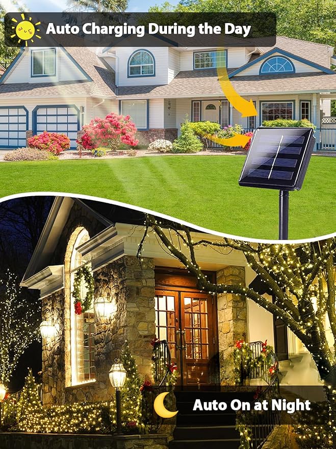 6 Pack 600 LED Solar String Lights for Outside, Solar Christmas Lights Outdoor with 8 Lighting Modes, Waterproof Green Wire Solar Powered Tree Light for Xmas Party Yard Garden Decorations (Warm White)