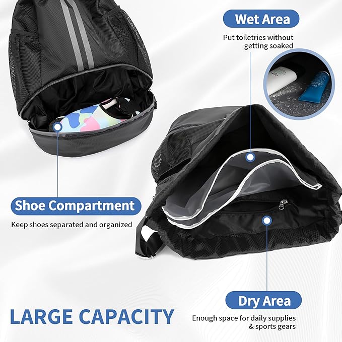 JELUTAR Drawstring Backpack Gym Bag with Shoes Compartment for Soccer, Basketball, Swim, Water-Resistant String Backpack Beach Cinch for Women Men