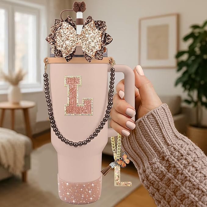 9PCS Brown for Stanley Cup Accessories Set Bling Initials Bow Charms for Stanley Decorations 30/40 Oz Tumbler Accessories Including Bow Straw Topper, Handle Strap, Spill Stopper（Letter L）